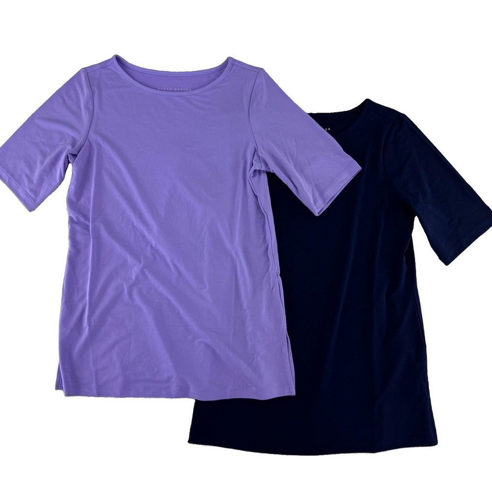 Susan Graver Modern Essentials Set of 2 Liquid Knit Tops Shirt XXS Blue Purple